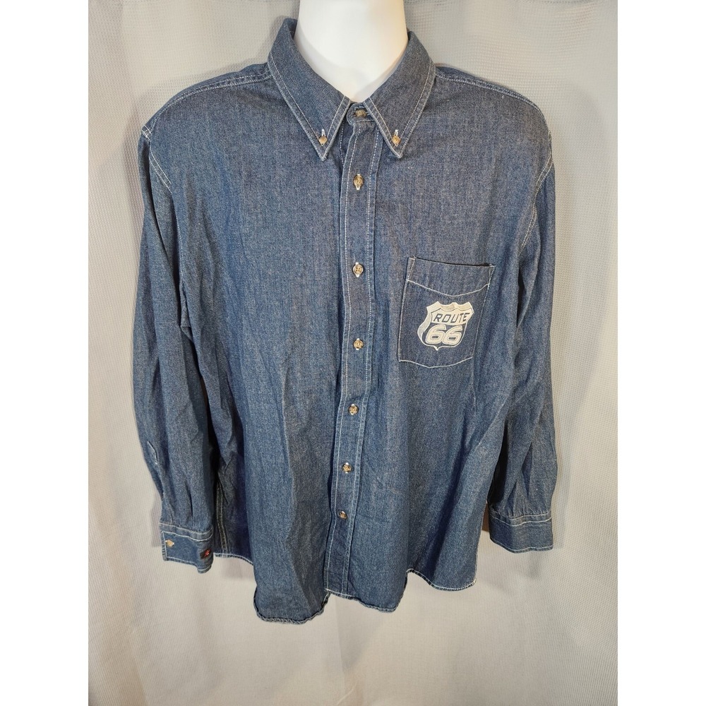 Men's Sz. XL Long Sleeve Dark Blue ARAMARK Industrial Denim‎ Shirt Route 66